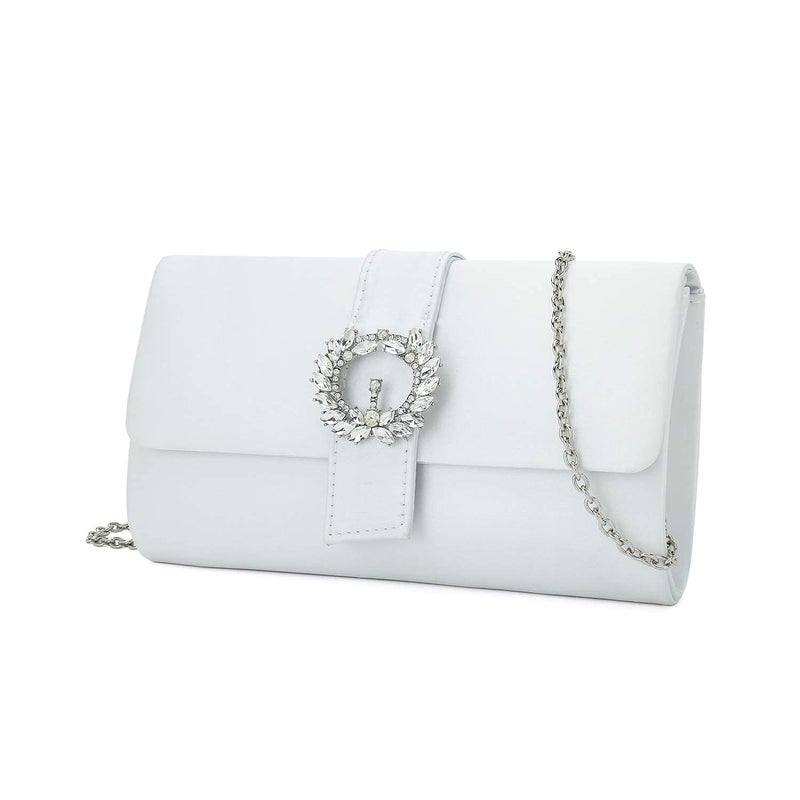CHARMING TAILOR Evening Bag Diamantes Embellished Satin Clutch Purse for Woman Classy Party Handbag with Beaded Brooch (White) - Image 2